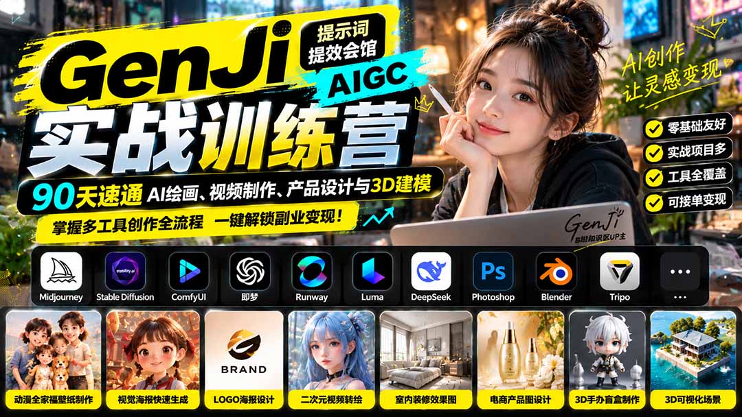 GenJi AIGC实战训练营：90天速通AI绘画、视频制作、产品设计与3D建模，掌握多工具创作全流程网络赚钱,项目资源网,副业资源网,兼职项目,网赚课程-副业赚钱-互联网创业-独家轻创IP大圣网创