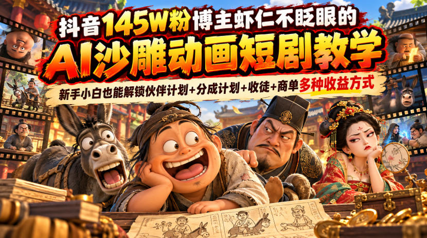 抖音145W粉博主虾仁不眨眼的AI沙雕动画短剧教学,新手小白也能解锁伙伴计划+分成计划+收徒+商单多种收益方式网络赚钱,项目资源网,副业资源网,兼职项目,网赚课程-副业赚钱-互联网创业-独家轻创IP大圣网创