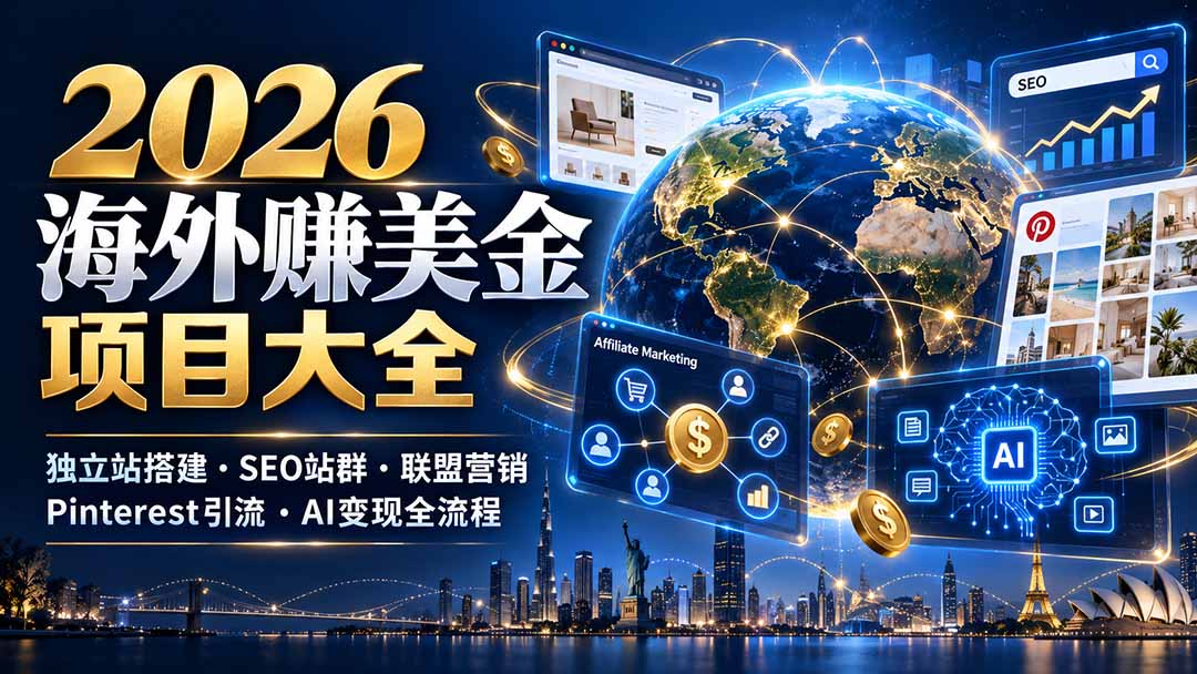 2026海外赚美金项目大全:独立站搭建、SEO站群、联盟营销、Pinterest引流与AI变现全流程网络赚钱,项目资源网,副业资源网,兼职项目,网赚课程-副业赚钱-互联网创业-独家轻创IP大圣网创