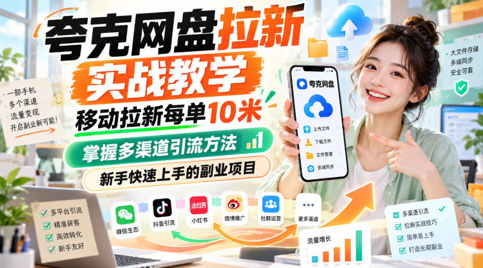 夸克网盘拉新实战教学，移动拉新每单10米，掌握多渠道引流方法，新手快速上手的副业项目(更新1028)网络赚钱,项目资源网,副业资源网,兼职项目,网赚课程-副业赚钱-互联网创业-独家轻创IP大圣网创