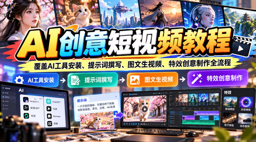 AI创意短视频教程，覆盖AI工具安装、提示词撰写、图文生视频、特效创意制作全流程网络赚钱,项目资源网,副业资源网,兼职项目,网赚课程-副业赚钱-互联网创业-独家轻创IP大圣网创