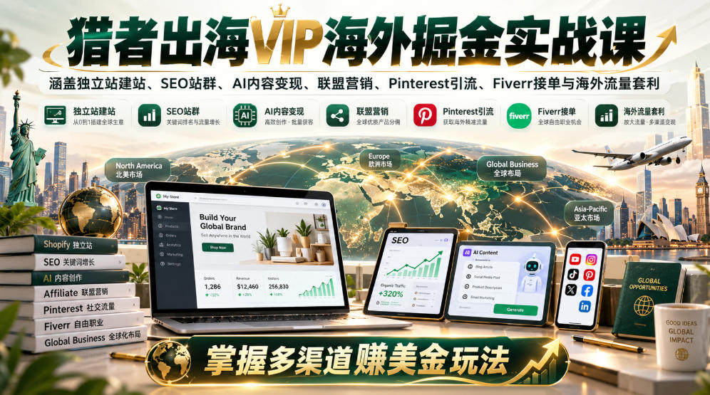 猎者出海VIP海外掘金实战课:涵盖独立站、SEO站群、AI变现、联盟营销、Pinterest引流、Fiverr接单与海外流量套利,掌握多渠道賺美金玩法网络赚钱,项目资源网,副业资源网,兼职项目,网赚课程-副业赚钱-互联网创业-独家轻创IP大圣网创