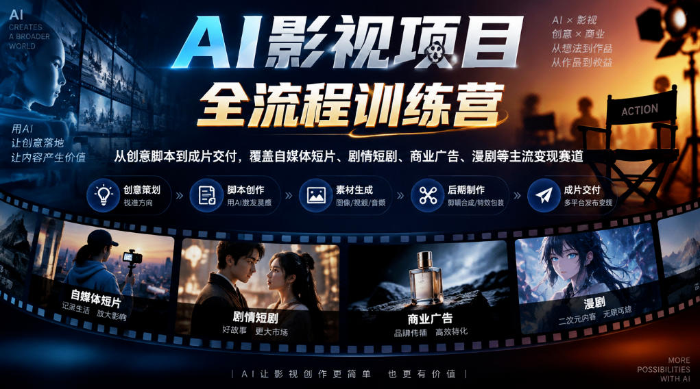 AI影视项目全流程训练营,从创意脚本到成片交付,覆盖自媒体短片、剧情短剧、商业广告、漫剧等主流变现赛道网络赚钱,项目资源网,副业资源网,兼职项目,网赚课程-副业赚钱-互联网创业-独家轻创IP大圣网创
