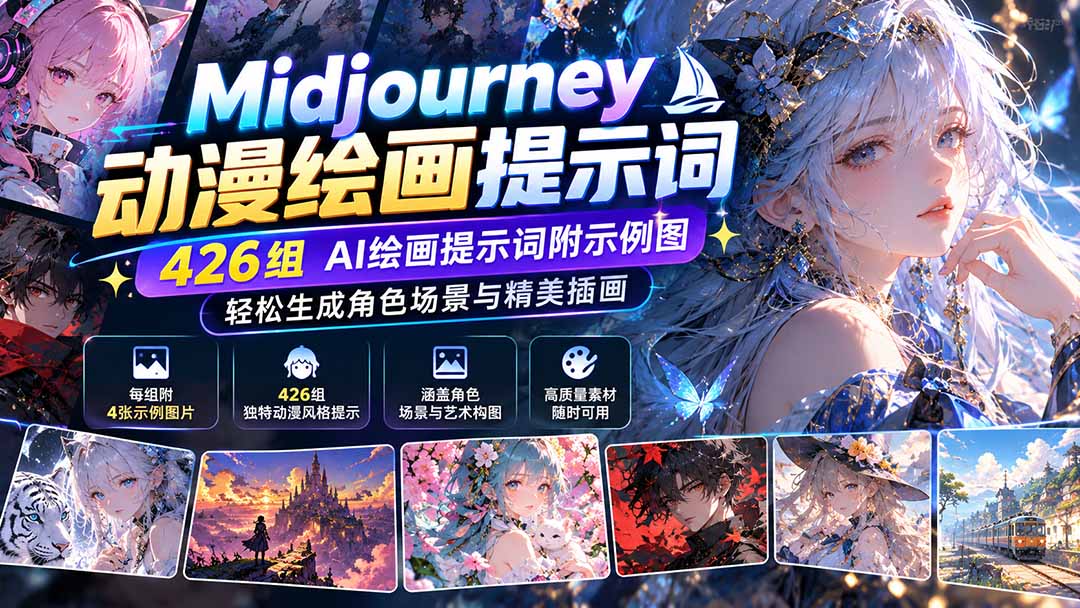 Midjourney动漫绘画提示词：426组AI绘画提示词附示例图，轻松生成角色场景与精美插画网络赚钱,项目资源网,副业资源网,兼职项目,网赚课程-副业赚钱-互联网创业-独家轻创IP大圣网创
