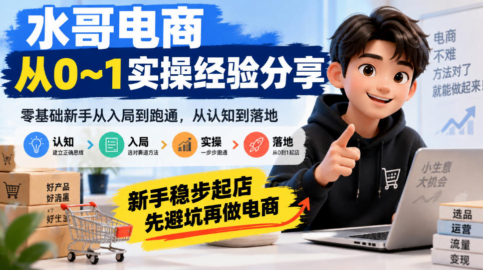 水哥电商从0~1实操经验分享,零基础新手从入局到跑通,从认知到落地,新手稳步起店,先避坑再做电商网络赚钱,项目资源网,副业资源网,兼职项目,网赚课程-副业赚钱-互联网创业-独家轻创IP大圣网创
