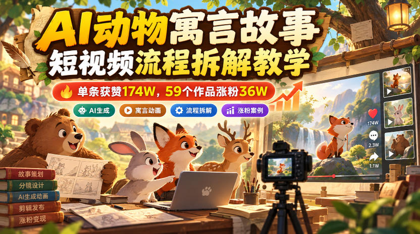AI动物寓言故事短视频流程拆解教学，单条获赞174W，59个作品涨粉36W网络赚钱,项目资源网,副业资源网,兼职项目,网赚课程-副业赚钱-互联网创业-独家轻创IP大圣网创