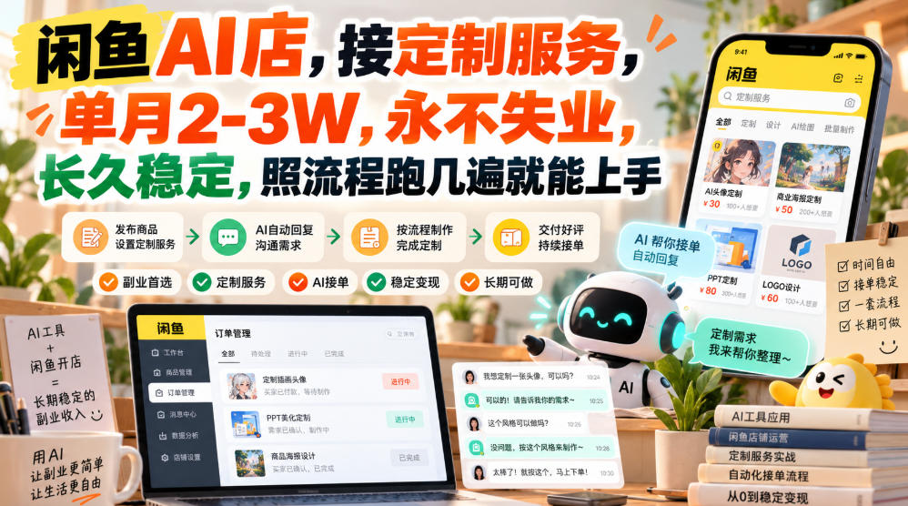 闲鱼AI店,接定制服务,单月2-3W,永不失业,长久稳定,照流程跑几遍就能上手网络赚钱,项目资源网,副业资源网,兼职项目,网赚课程-副业赚钱-互联网创业-独家轻创IP大圣网创