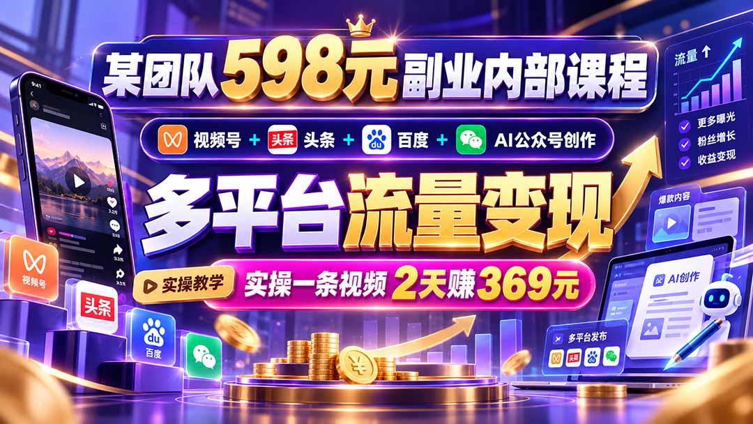某团队598元副业内部课程：视频号+头条+百度+AI公众号创作、多平台流量变现，实操一条视频2天赚369元网络赚钱,项目资源网,副业资源网,兼职项目,网赚课程-副业赚钱-互联网创业-独家轻创IP大圣网创