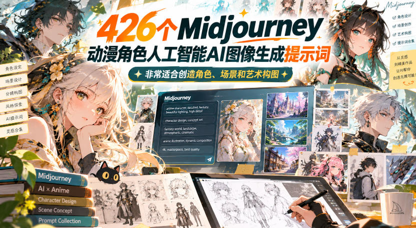 426个Midjourney动漫角色人工智能AI图像生成提示词，非常适合创造角色、场景和艺术构图网络赚钱,项目资源网,副业资源网,兼职项目,网赚课程-副业赚钱-互联网创业-独家轻创IP大圣网创
