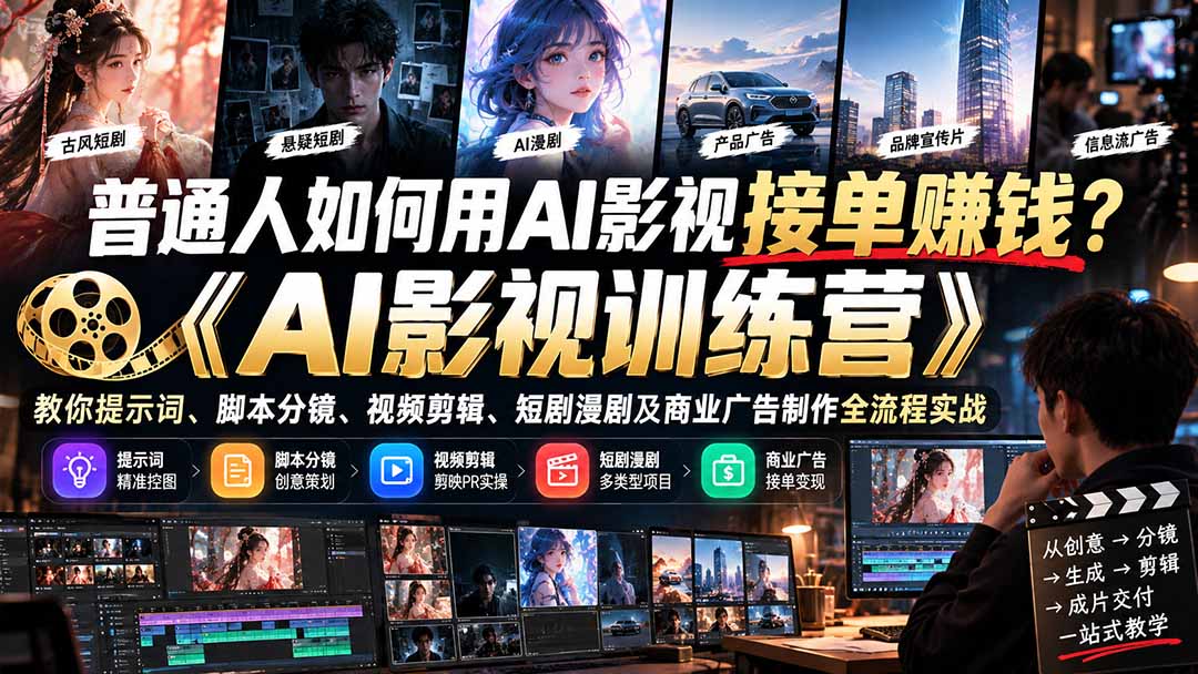 普通人如何用AI影视接单赚钱?《AI影视训练营》教你提示词、脚本分镜、视频剪辑、短剧漫剧及商业广告制作全流程实战网络赚钱,项目资源网,副业资源网,兼职项目,网赚课程-副业赚钱-互联网创业-独家轻创IP大圣网创