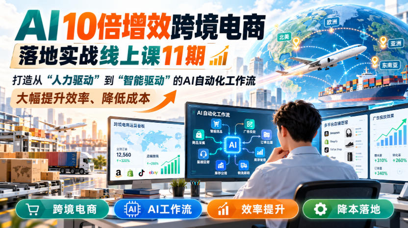 AI 10倍增效跨境电商落地实战线上课11期,打造从人力驱动到智能驱动的AI自动化工作流,大幅提升效率、降低成本网络赚钱,项目资源网,副业资源网,兼职项目,网赚课程-副业赚钱-互联网创业-独家轻创IP大圣网创