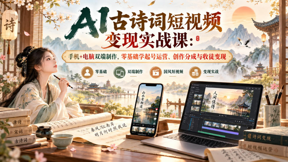 AI古诗词短视频变现实战课:手机+电脑双端制作,零基础学起号运营、创作分成与收徒变现网络赚钱,项目资源网,副业资源网,兼职项目,网赚课程-副业赚钱-互联网创业-独家轻创IP大圣网创