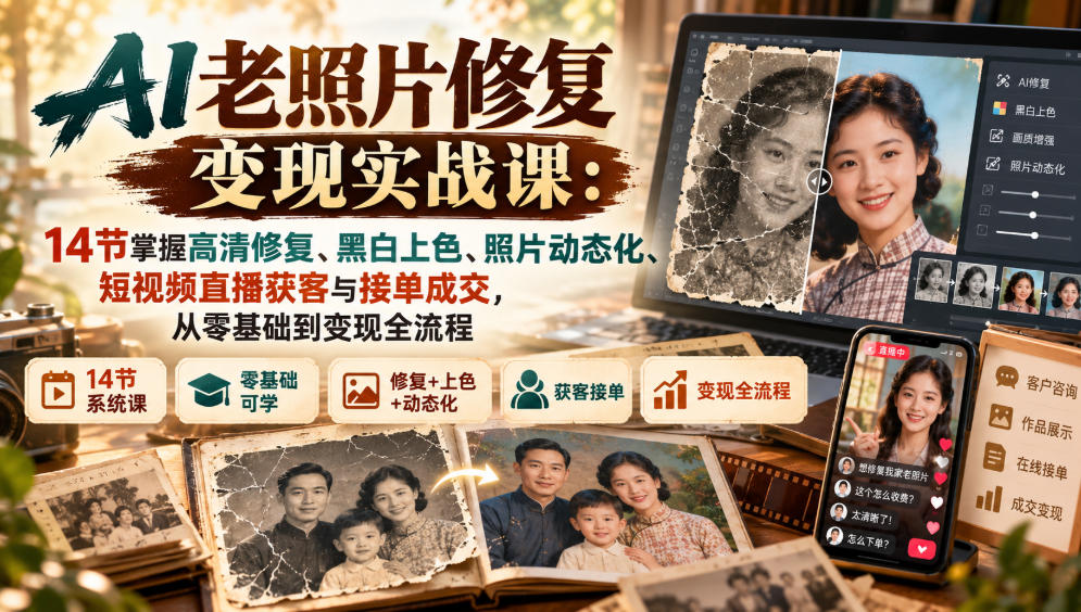 AI老照片修复变现实战课:14节掌握高清修复、黑白上色、照片动态化、短视频直播获客与接单成交,从零基础到变现全流程网络赚钱,项目资源网,副业资源网,兼职项目,网赚课程-副业赚钱-互联网创业-独家轻创IP大圣网创