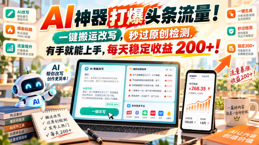 AI神器打爆头条流量,一键搬运改写,秒过原创检测,有手就能上手,每天稳定收益200+!【揭秘】网络赚钱,项目资源网,副业资源网,兼职项目,网赚课程-副业赚钱-互联网创业-独家轻创IP大圣网创
