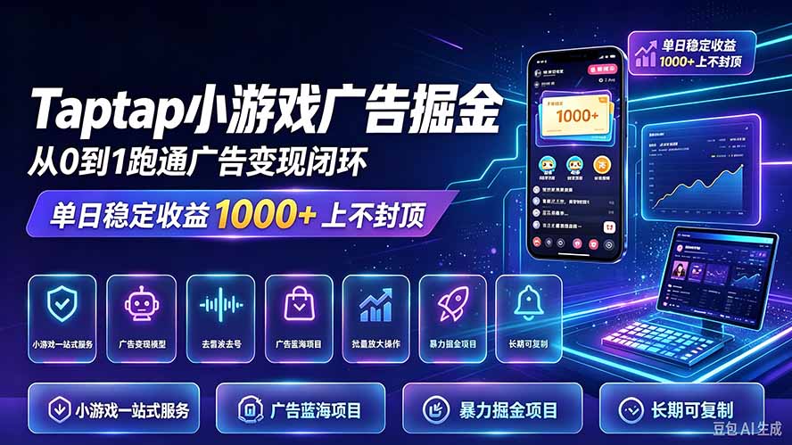 TapTap小游戏广告掘金日赚收益1000+上不封顶网络赚钱,项目资源网,副业资源网,兼职项目,网赚课程-副业赚钱-互联网创业-独家轻创IP大圣网创