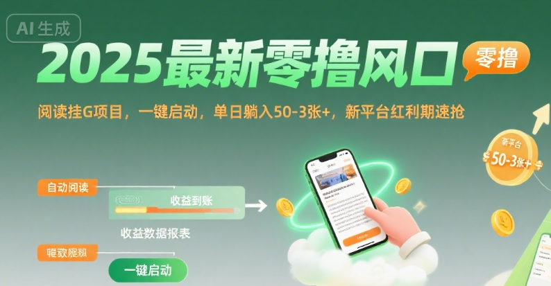 2025最新零撸风口，阅读挂G项目，一键启动，单日躺入 50-3张+，新平台红利期速抢【揭秘】网络赚钱,项目资源网,副业资源网,兼职项目,网赚课程-副业赚钱-互联网创业-独家轻创IP大圣网创