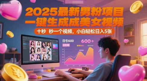 2025最新男粉项目，一键生成美女视频，日引600+色粉 十秒一个视频，小白轻松日入5张【揭秘】网络赚钱,项目资源网,副业资源网,兼职项目,网赚课程-副业赚钱-互联网创业-独家轻创IP大圣网创