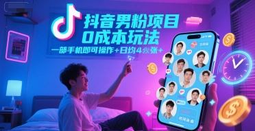 抖音男粉项目0成本玩法，一部手机即可操作，日均4张+，时间自由网络赚钱,项目资源网,副业资源网,兼职项目,网赚课程-副业赚钱-互联网创业-独家轻创IP大圣网创
