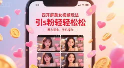四开屏美女视频玩法，引s粉轻轻松松，暴力掘金，手机操作【揭秘】网络赚钱,项目资源网,副业资源网,兼职项目,网赚课程-副业赚钱-互联网创业-独家轻创IP大圣网创