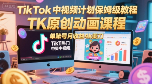 TikTok中视频计划保姆级教程，TK原创动画课程，单账号月收益4k美刀网络赚钱,项目资源网,副业资源网,兼职项目,网赚课程-副业赚钱-互联网创业-独家轻创IP大圣网创