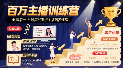 百万主播训练营，全网第一个最实战系统主播培养课程网络赚钱,项目资源网,副业资源网,兼职项目,网赚课程-副业赚钱-互联网创业-独家轻创IP大圣网创