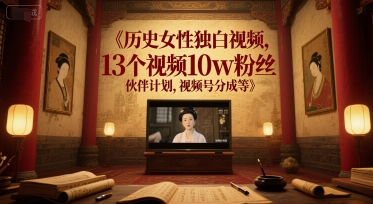 历史女性独白视频，13个视频10w粉丝，伙伴计划，视频号分成等网络赚钱,项目资源网,副业资源网,兼职项目,网赚课程-副业赚钱-互联网创业-独家轻创IP大圣网创