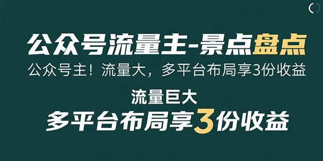 公众号流量主-景点盘点 流量巨大 多平台布局享3份收益网络赚钱,项目资源网,副业资源网,兼职项目,网赚课程-副业赚钱-互联网创业-独家轻创IP大圣网创