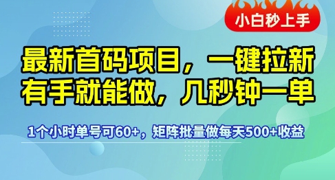 最新首码项目，一键拉新有手就能做，几秒钟一单，1个小时单号可60+，矩阵批量做每天5张【揭秘】网络赚钱,项目资源网,副业资源网,兼职项目,网赚课程-副业赚钱-互联网创业-独家轻创IP大圣网创