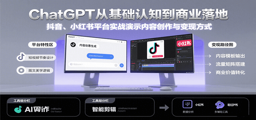 ChatGPT从基础认知到商业落地，实战演示抖音、小红书等平台的内容创作与变现网络赚钱,项目资源网,副业资源网,兼职项目,网赚课程-副业赚钱-互联网创业-独家轻创IP大圣网创