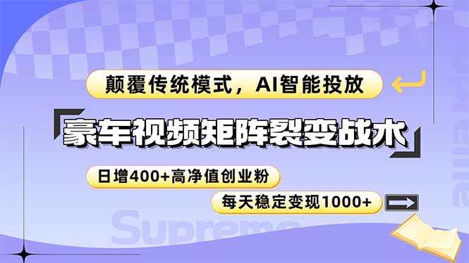 豪车视频矩阵裂变战术，颠覆传统模式，AI智能投放，日增400+高净值创业…网络赚钱,项目资源网,副业资源网,兼职项目,网赚课程-副业赚钱-互联网创业-独家轻创IP大圣网创
