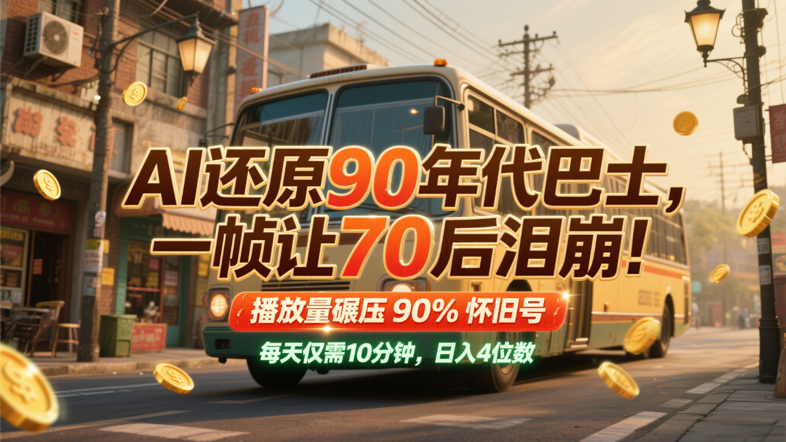 AI还原90年代巴士，一帧让70后泪崩！播放量碾压90%怀旧号，每天10分钟，日入4位数网络赚钱,项目资源网,副业资源网,兼职项目,网赚课程-副业赚钱-互联网创业-独家轻创IP大圣网创