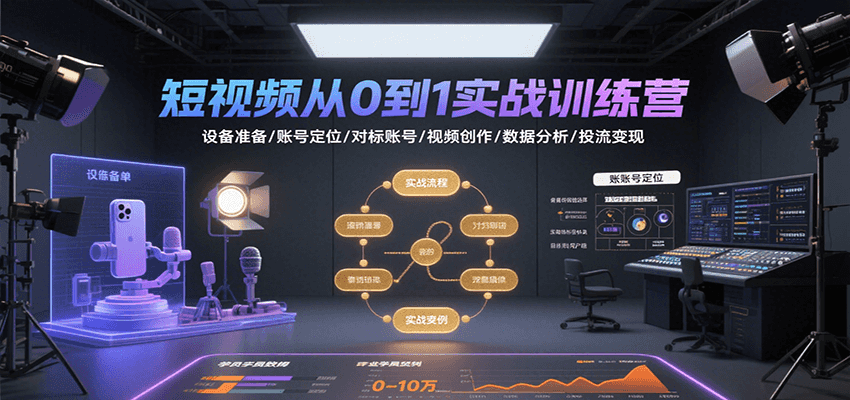 短视频从0到1实战训练营：设备准备/账号定位/对标账号/视频创作/数据分析/投流变现网络赚钱,项目资源网,副业资源网,兼职项目,网赚课程-副业赚钱-互联网创业-独家轻创IP大圣网创