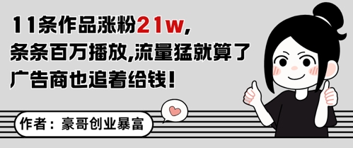11条作品涨粉21W，条条百W播放，流量猛就算了，广告商也追着给钱网络赚钱,项目资源网,副业资源网,兼职项目,网赚课程-副业赚钱-互联网创业-独家轻创IP大圣网创