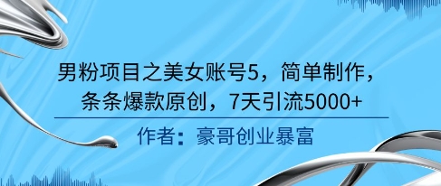 男粉项目之美女账号5，简单制作，条条爆款原创，7天引流5000+网络赚钱,项目资源网,副业资源网,兼职项目,网赚课程-副业赚钱-互联网创业-独家轻创IP大圣网创