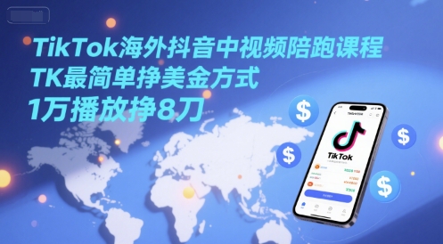 TikTok海外抖音中视频陪跑课程，TK最简单挣美金方式，1万播放挣8刀网络赚钱,项目资源网,副业资源网,兼职项目,网赚课程-副业赚钱-互联网创业-独家轻创IP大圣网创