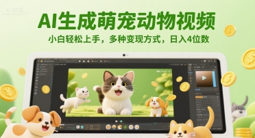 AI生成萌宠动物视频，小白轻松上手，多种变现方式，日入4位数网络赚钱,项目资源网,副业资源网,兼职项目,网赚课程-副业赚钱-互联网创业-独家轻创IP大圣网创