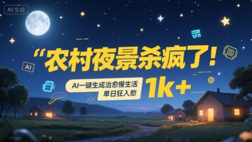 农村夜景杀疯了！AI一键生成治愈系慢生活，单日狂入1k+网络赚钱,项目资源网,副业资源网,兼职项目,网赚课程-副业赚钱-互联网创业-独家轻创IP大圣网创