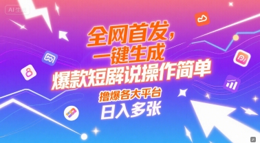 全网首发，一键生成爆款短剧解说操作简单，撸爆各大平台，日入多张网络赚钱,项目资源网,副业资源网,兼职项目,网赚课程-副业赚钱-互联网创业-独家轻创IP大圣网创