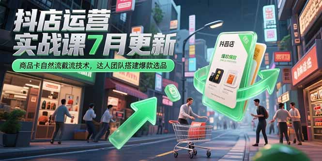 抖店运营实战课7月更新，商品卡自然流截流技术，达人团队搭建爆款选品网络赚钱,项目资源网,副业资源网,兼职项目,网赚课程-副业赚钱-互联网创业-独家轻创IP大圣网创